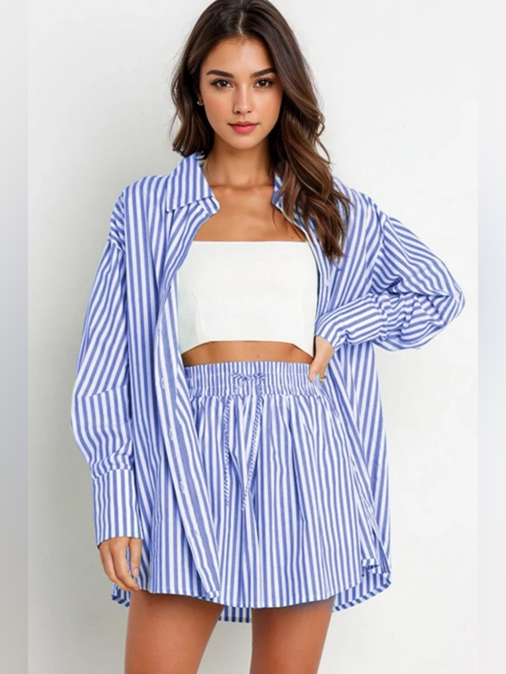 New NWOT KATCH ME Womens Striped Long Sleeve Shirt Drawstring Shorts Set blue L